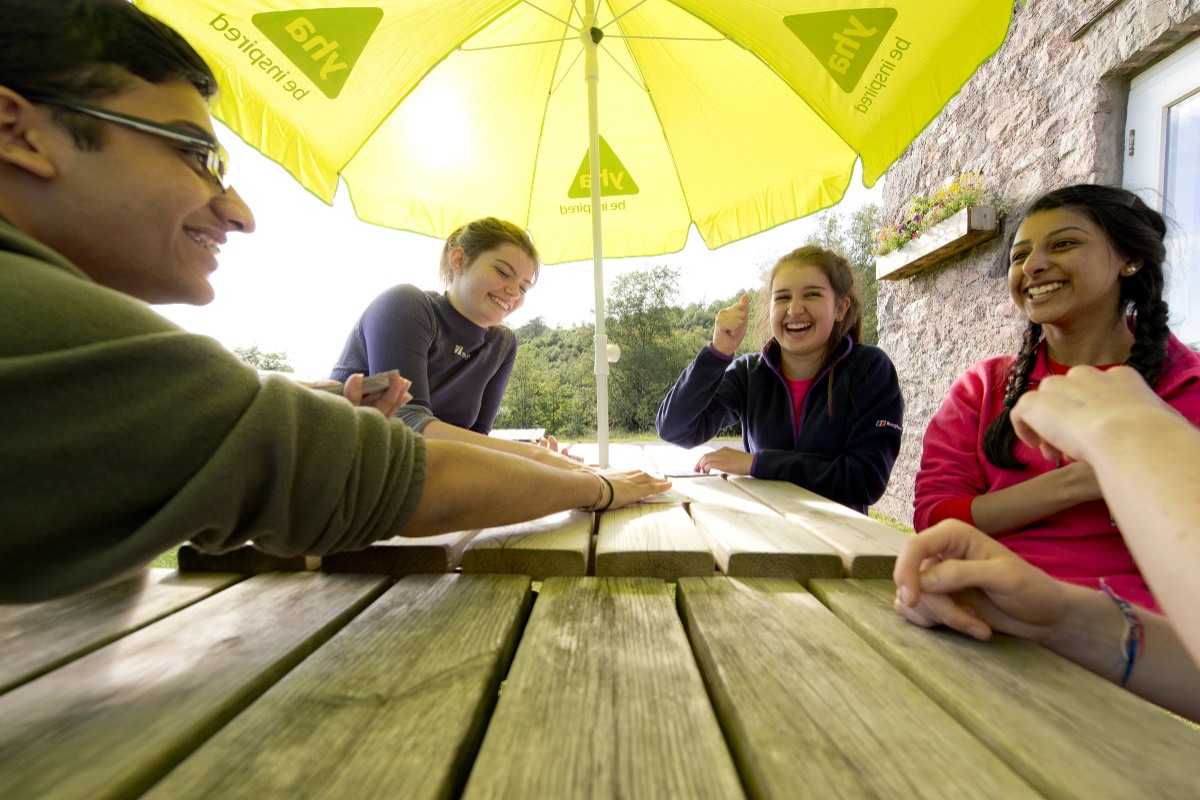Group sitting round a picnic table Group sitting round a picnic table