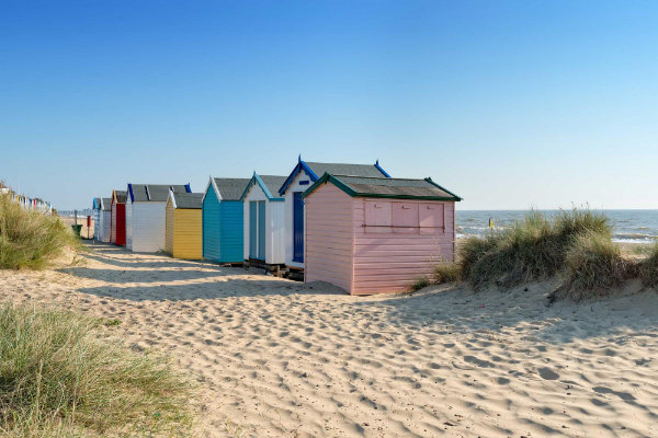 View of beach huts in Suffolk 