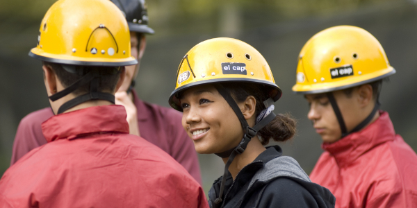 Group of young people wearing safety hardhats